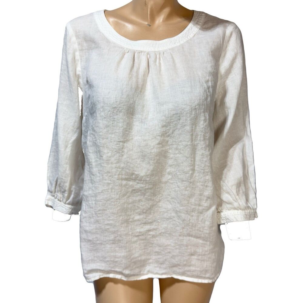 Talbots Women’s White Blouse Size XL P Petite Top 100% Linen 3/4 Sleeve
